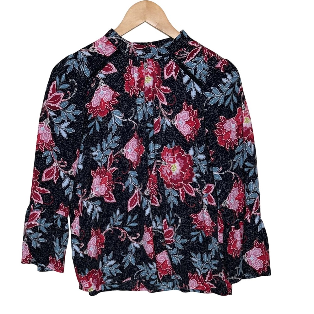Loft Women's Floral/Polka Dot Print Pleated Long Sleeve Blouse size XS Black/Red